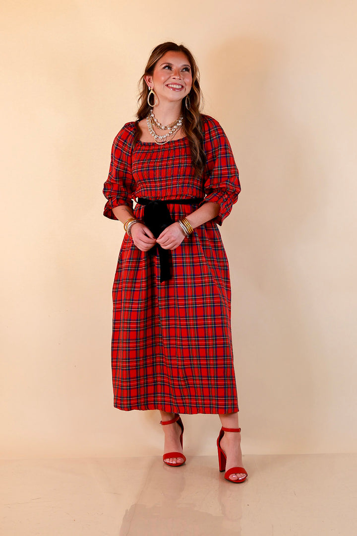 Simply Southern Home for the Holidays Plaid Smocked Midi Dress in Red
