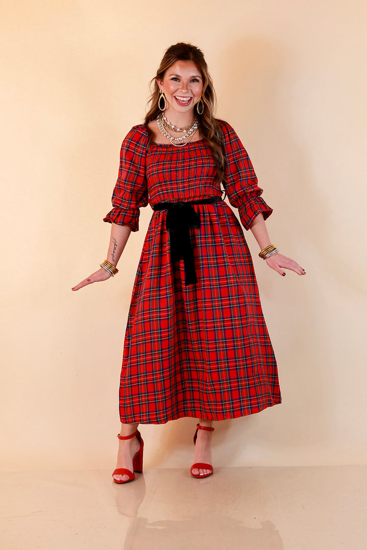 Simply Southern Home for the Holidays Plaid Smocked Midi Dress in Red
