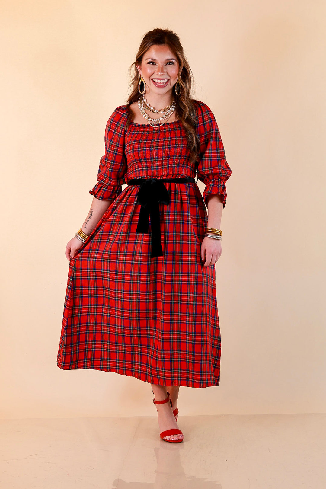 Simply Southern Home for the Holidays Plaid Smocked Midi Dress in Red