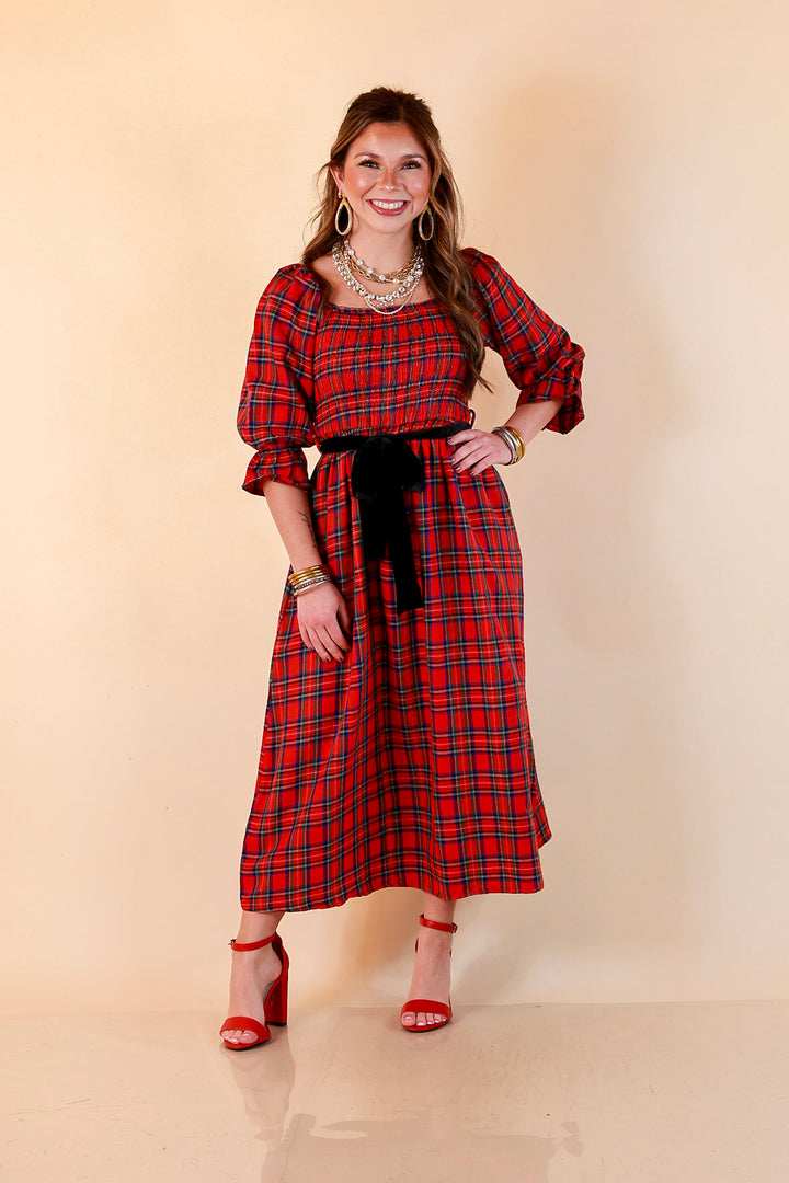 Simply Southern Home for the Holidays Plaid Smocked Midi Dress in Red