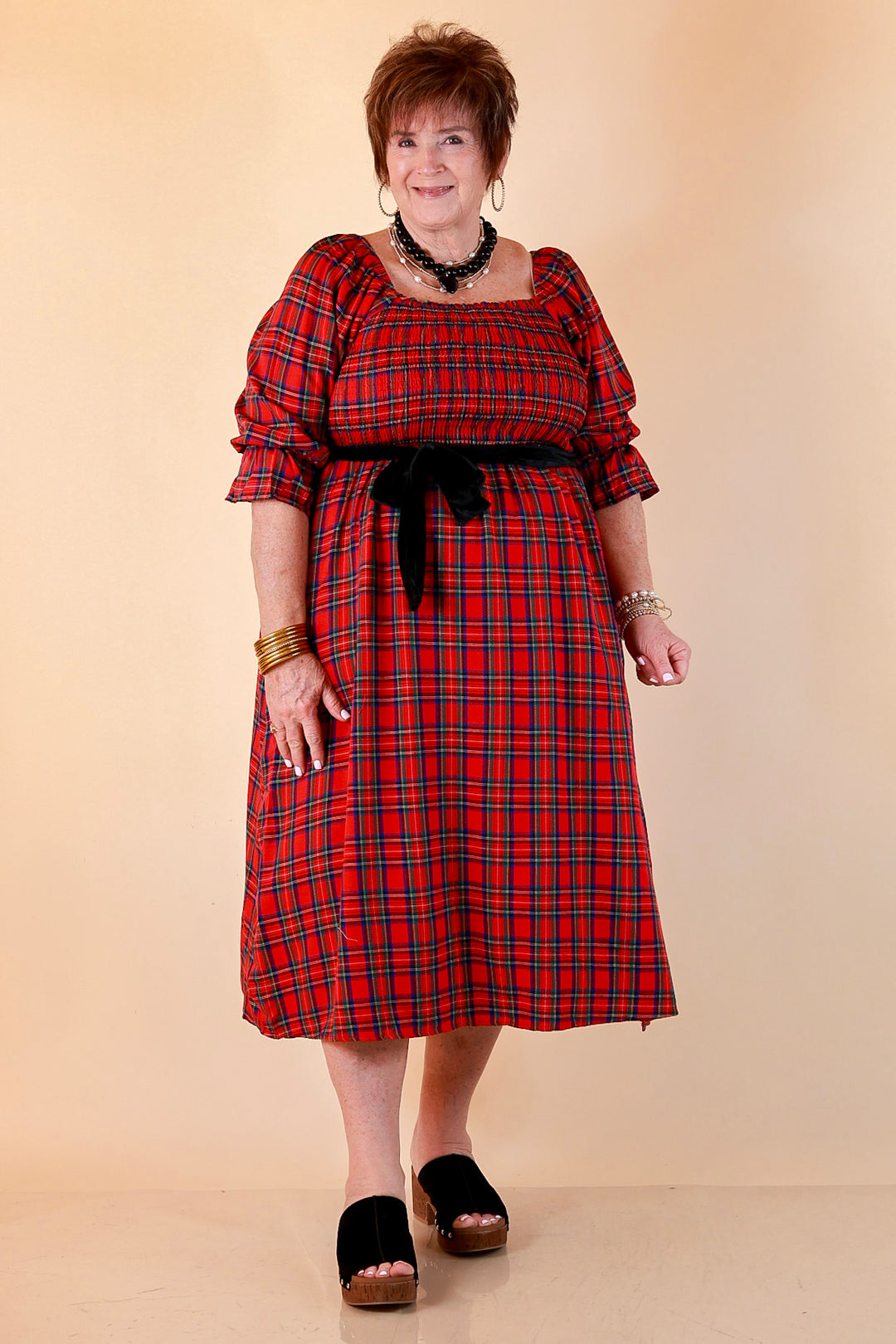 Simply Southern Home for the Holidays Plaid Smocked Midi Dress in Red