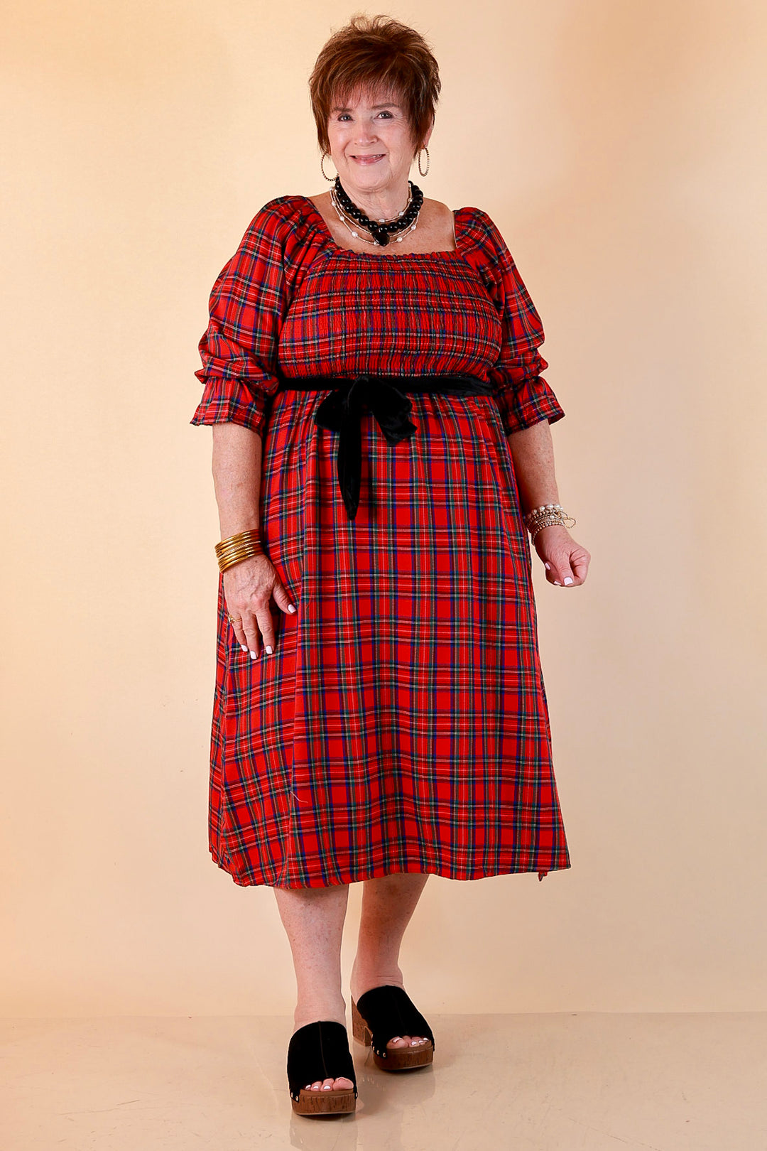 Simply Southern Home for the Holidays Plaid Smocked Midi Dress in Red