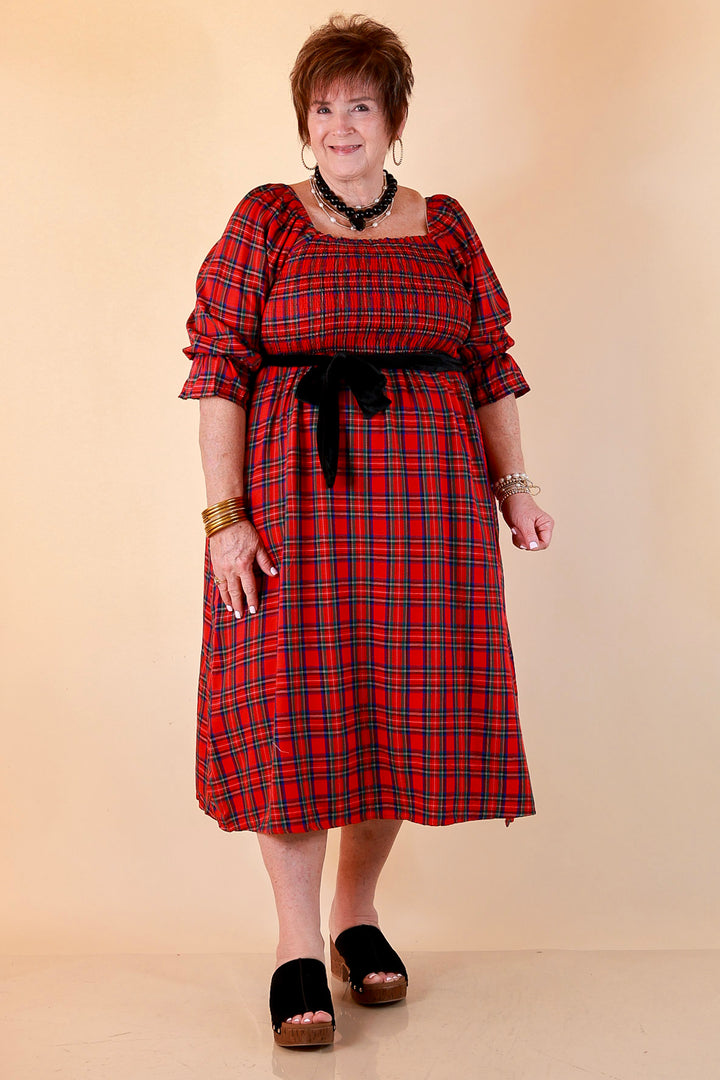 Simply Southern Home for the Holidays Plaid Smocked Midi Dress in Red