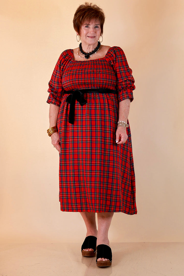 Simply Southern Home for the Holidays Plaid Smocked Midi Dress in Red
