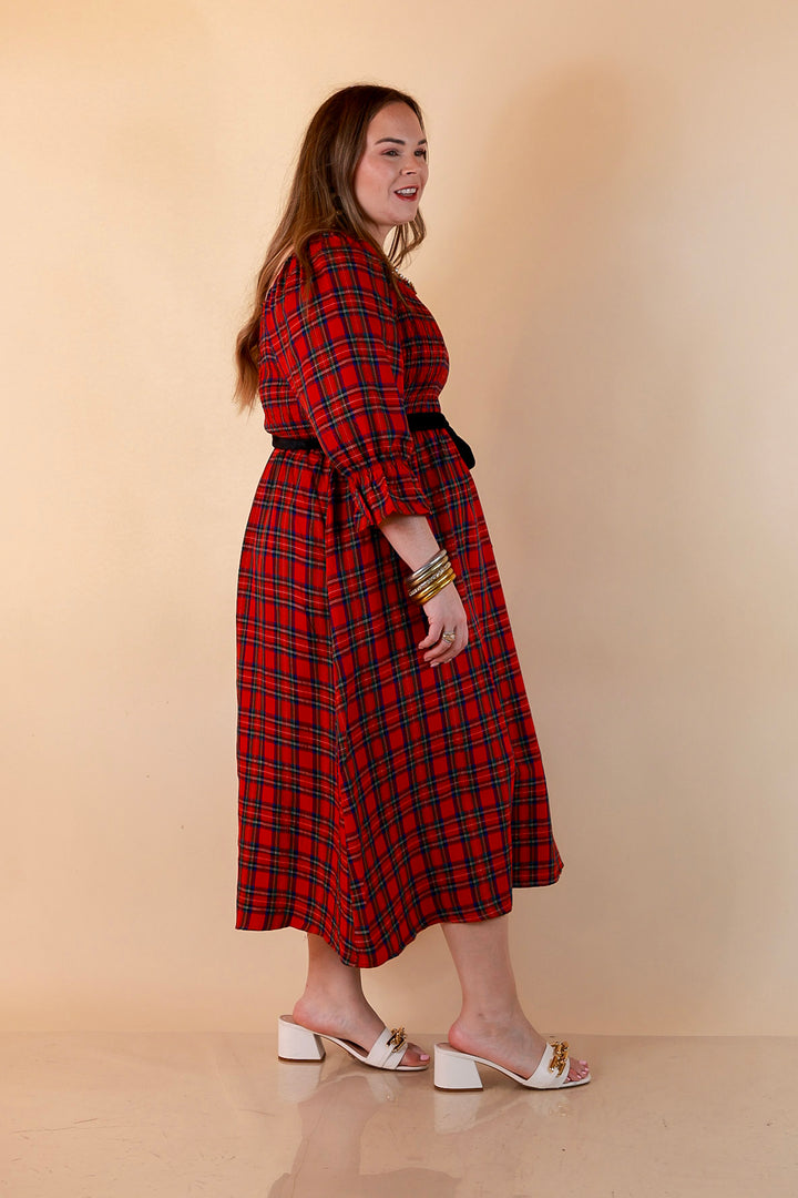 Simply Southern Home for the Holidays Plaid Smocked Midi Dress in Red