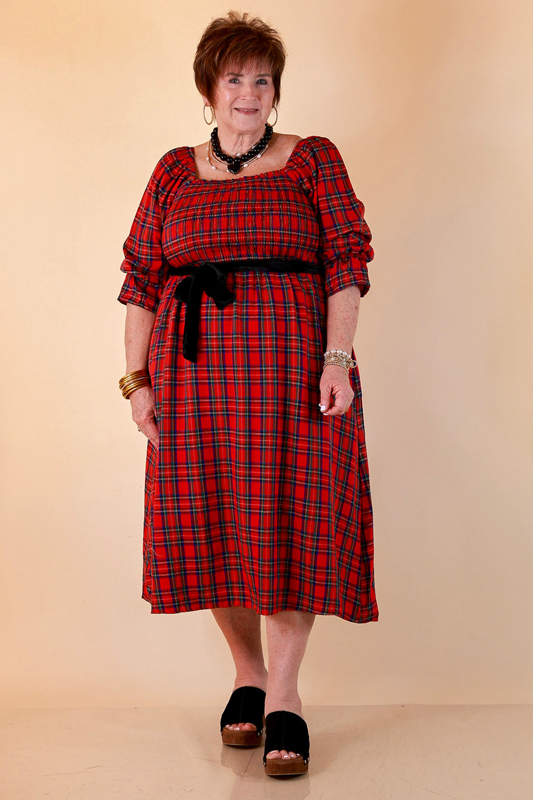 Simply Southern Home for the Holidays Plaid Smocked Midi Dress in Red