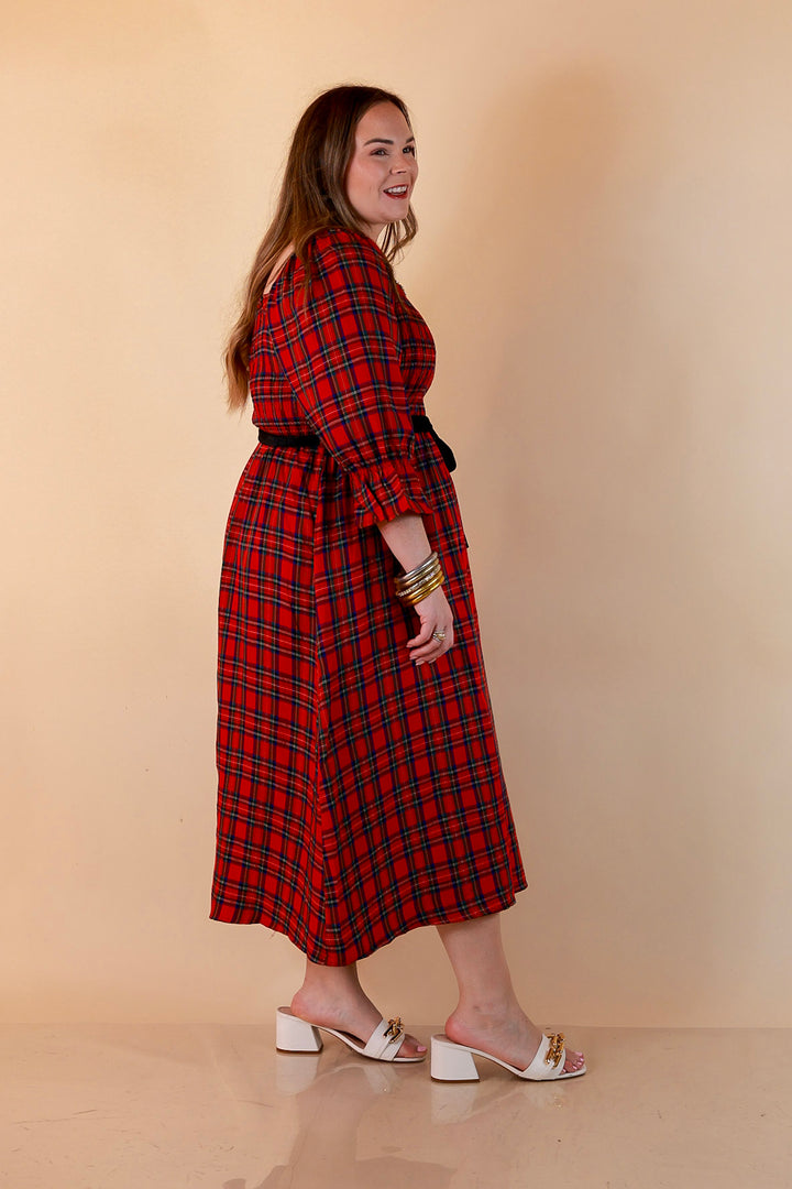 Simply Southern Home for the Holidays Plaid Smocked Midi Dress in Red
