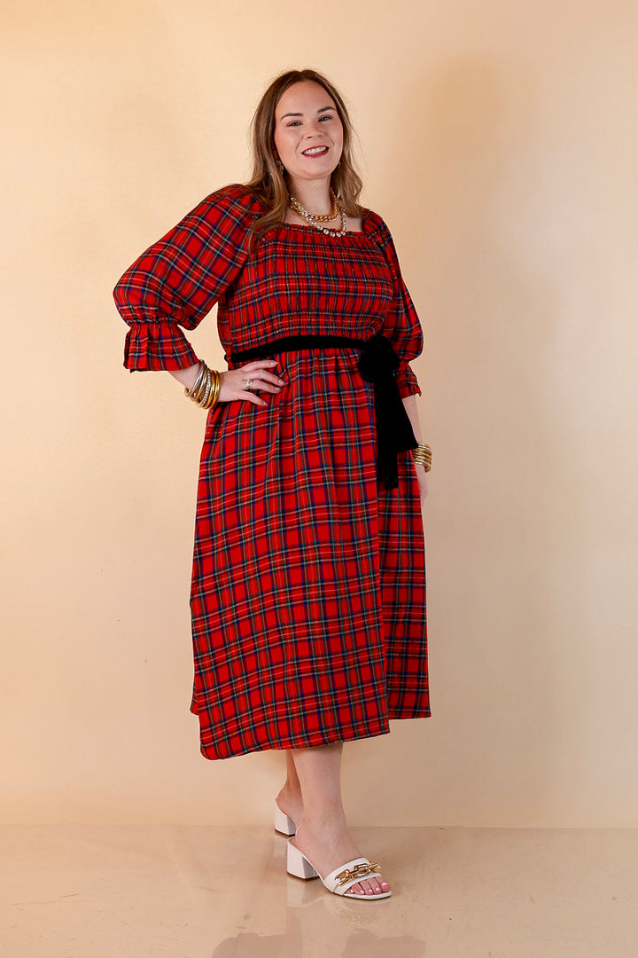 Simply Southern Home for the Holidays Plaid Smocked Midi Dress in Red