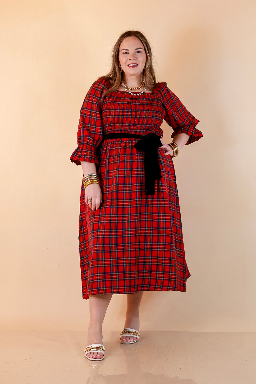 Simply Southern Home for the Holidays Plaid Smocked Midi Dress in Red