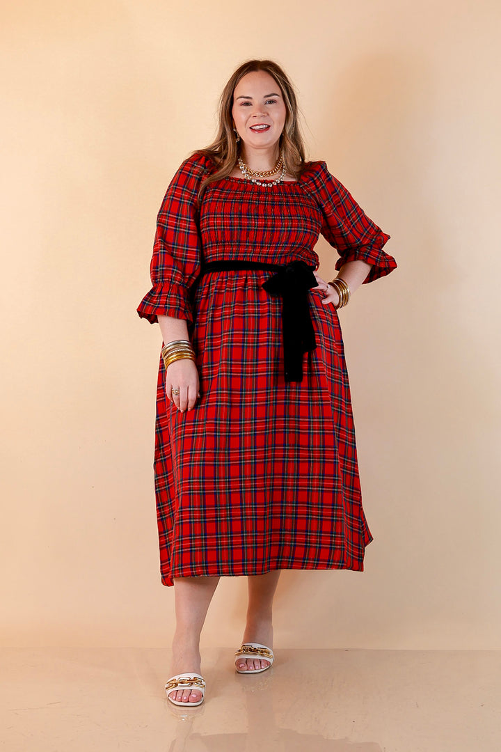 Simply Southern Home for the Holidays Plaid Smocked Midi Dress in Red