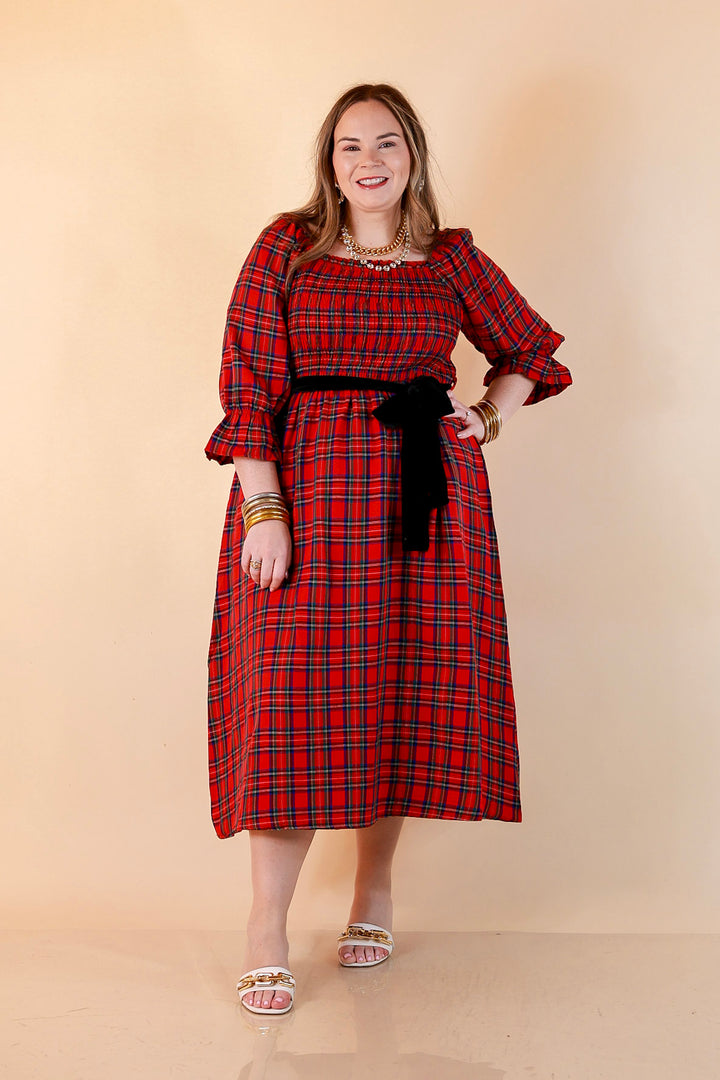 Simply Southern Home for the Holidays Plaid Smocked Midi Dress in Red