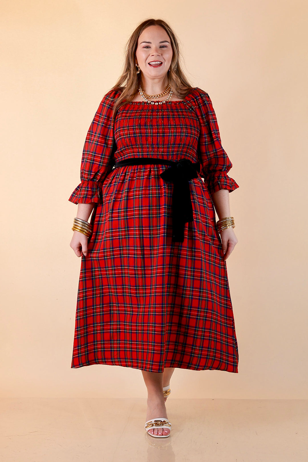 Simply Southern Home for the Holidays Plaid Smocked Midi Dress in Red