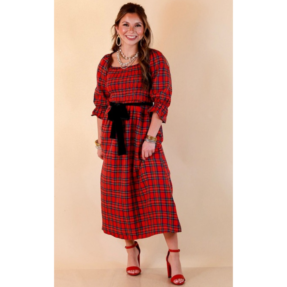 Home for the Holidays plaid smocked midi dress in red
