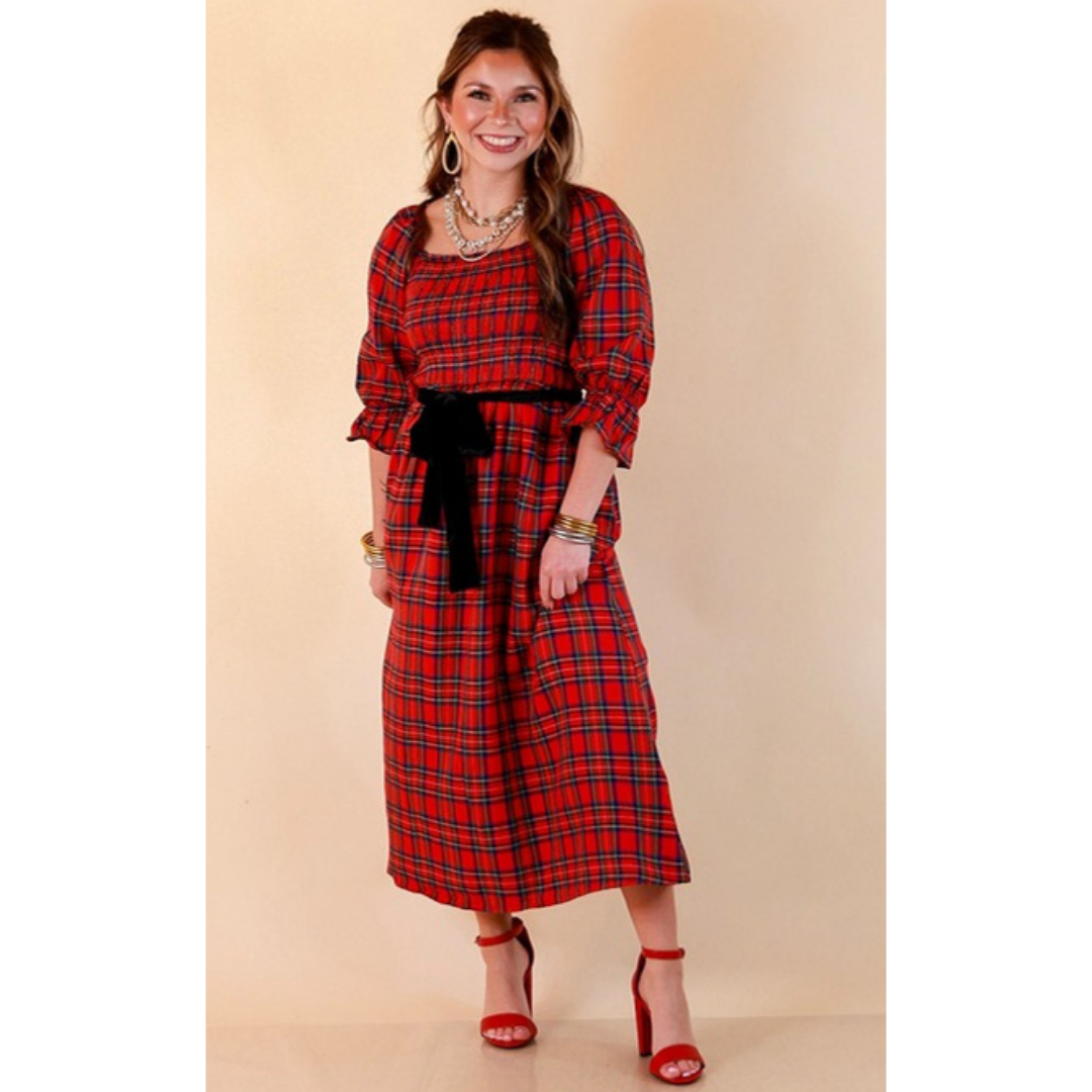 Home for the Holidays plaid smocked midi dress in red