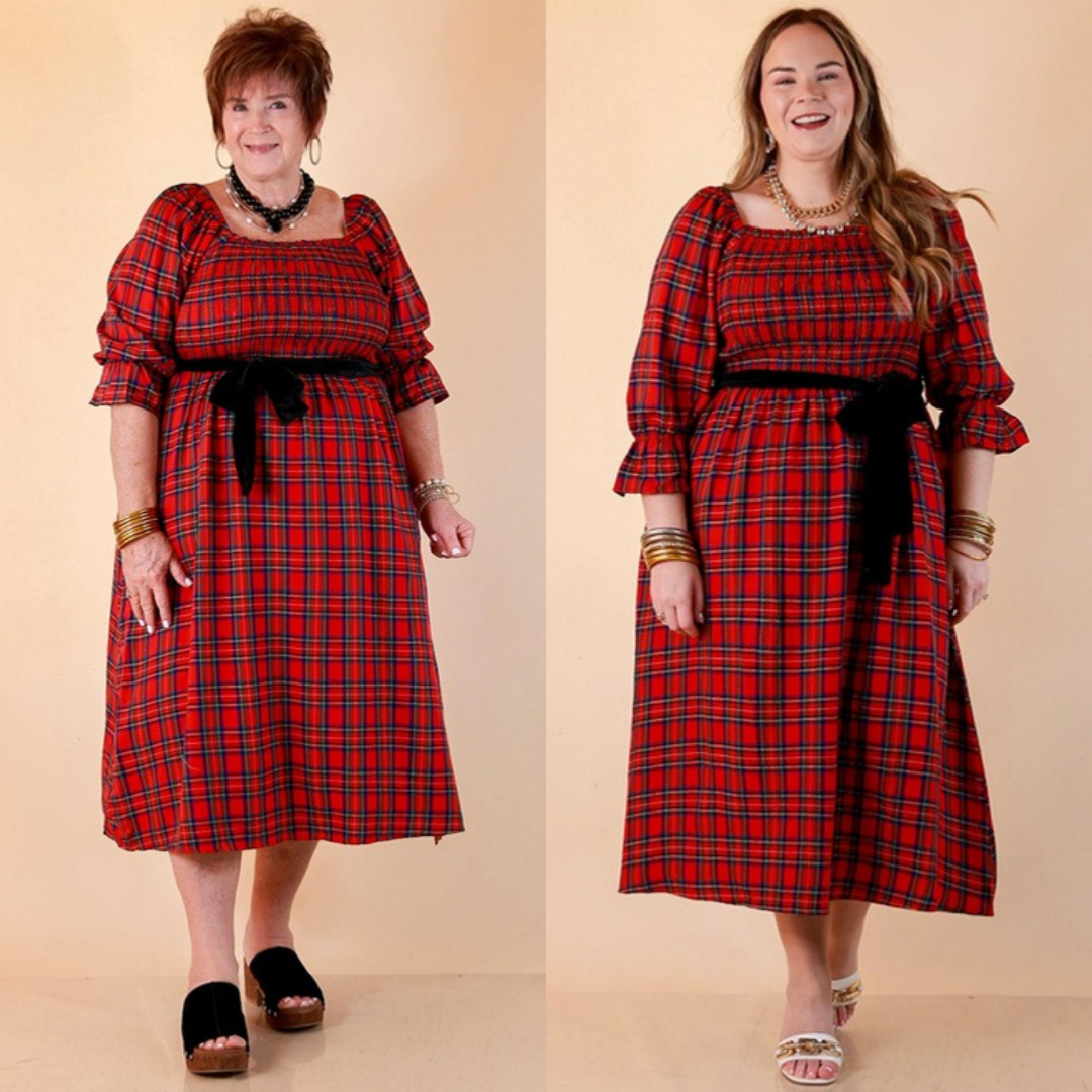 Home for the Holidays plaid smocked midi dress in red