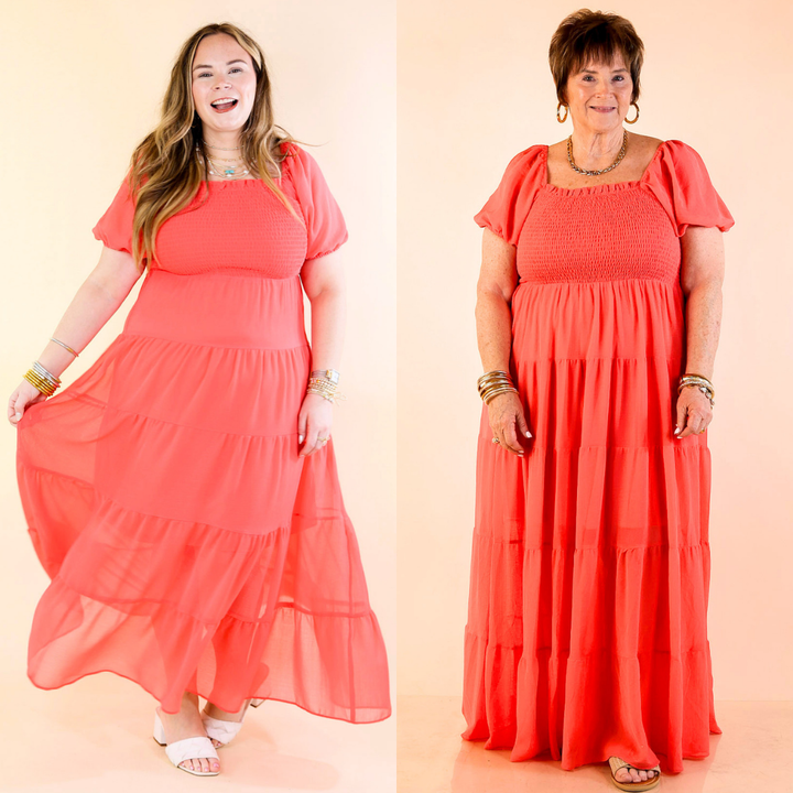 Honeysuckle Love Tiered Maxi Dress with Smocked Bodice in Coral Red