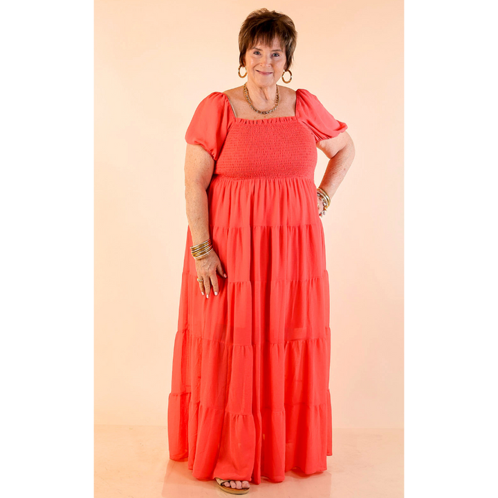 Honeysuckle Love Tiered Maxi Dress with Smocked Bodice in Coral Red
