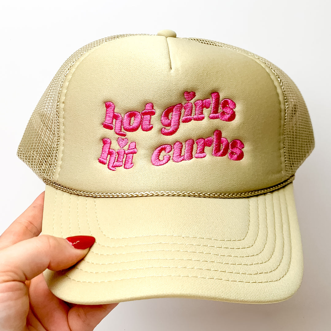 Hot Girls Hit Curbs Foam Trucker Hat in Pink and Cream - Giddy Up Glamour Boutique