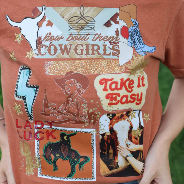 T-shirt with cowboy-themed graphics and text on a brown background