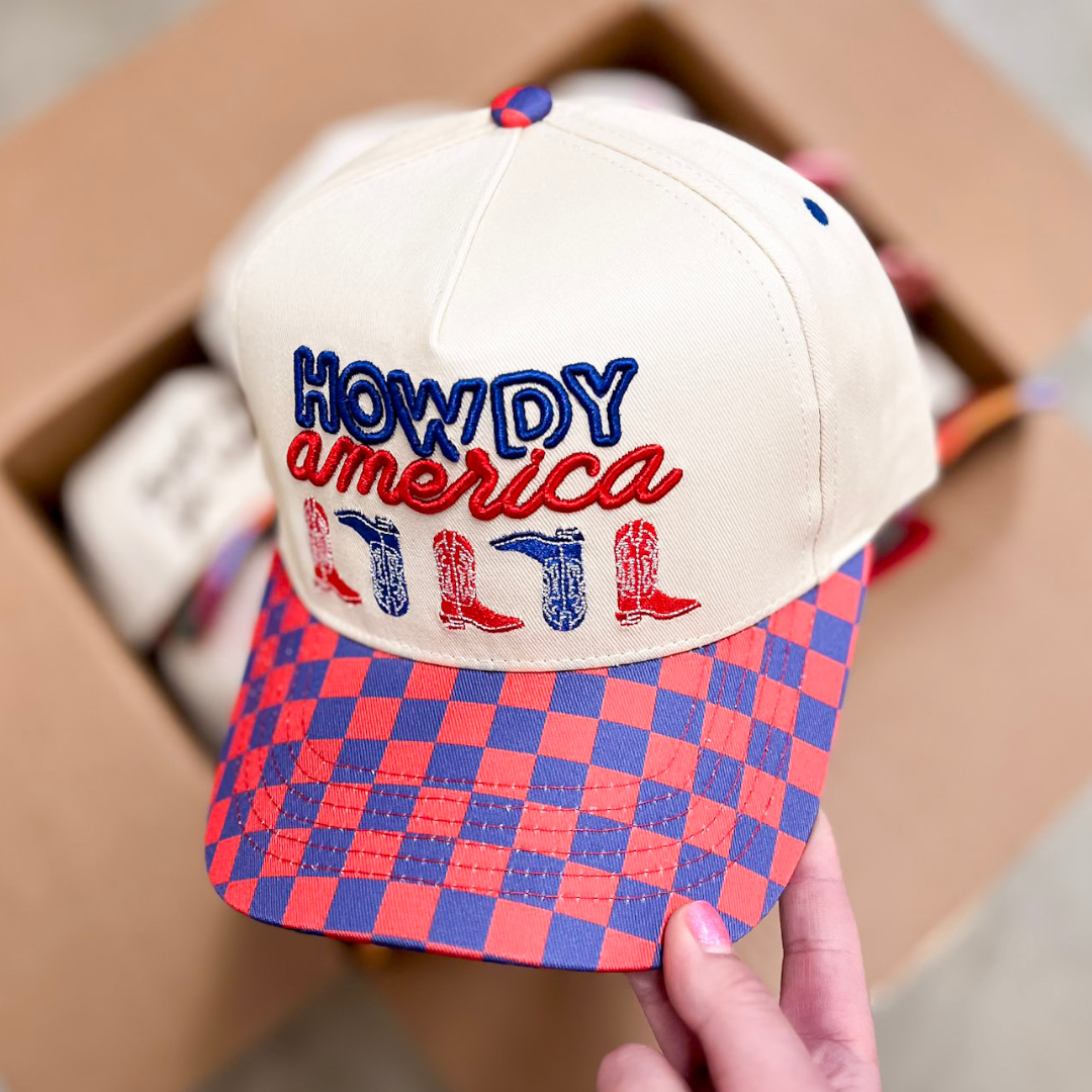Howdy America Patriotic Embroidered Trucker Hat with Red and Blue Checkered Brim in Tan