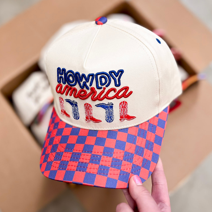 Howdy America Patriotic Embroidered Trucker Hat with Red and Blue Checkered Brim in Tan