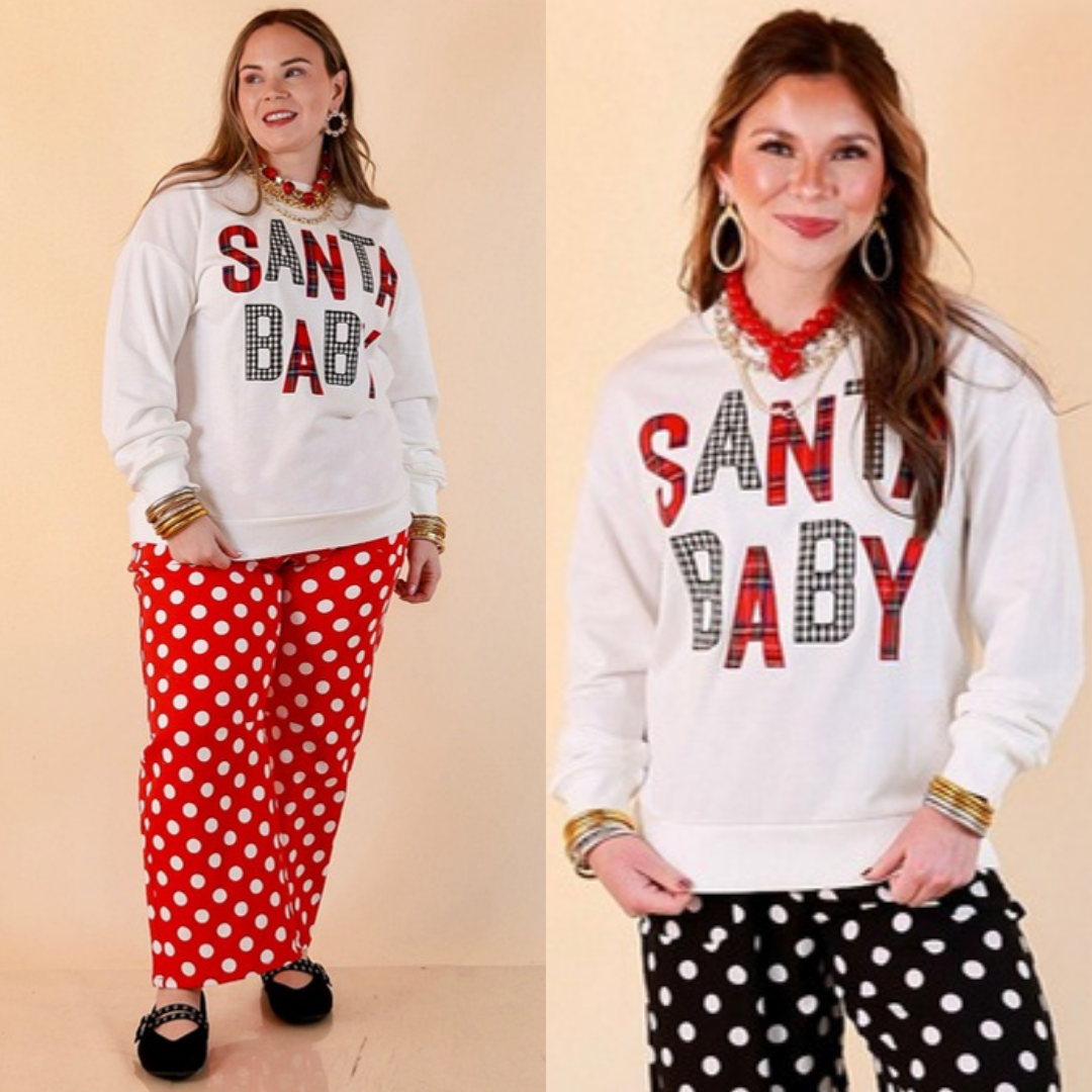 Hurry Down the Chimney Santa Baby appliqué sweatshirt in white