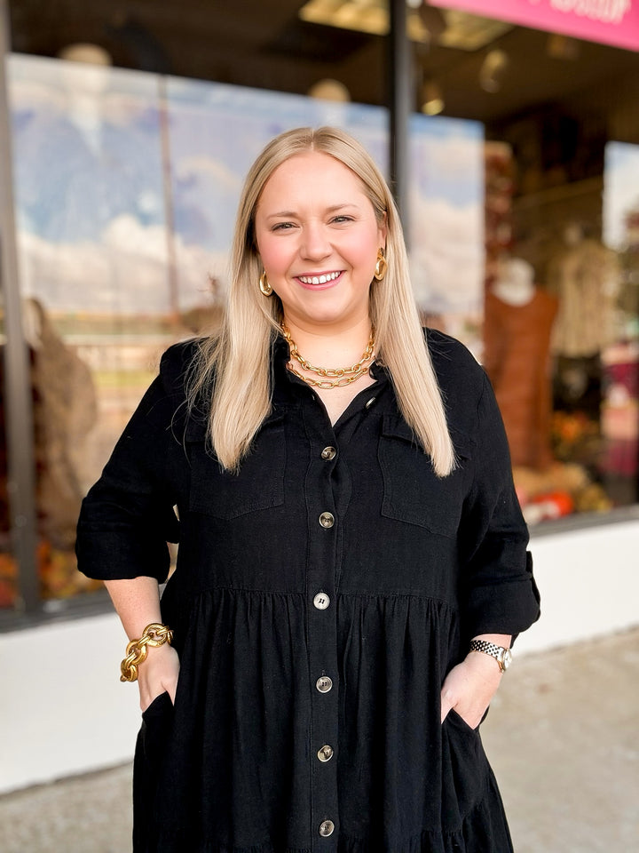 Chic Darling Ruffle Tiered Button Up Dress with Long Sleeves in Black