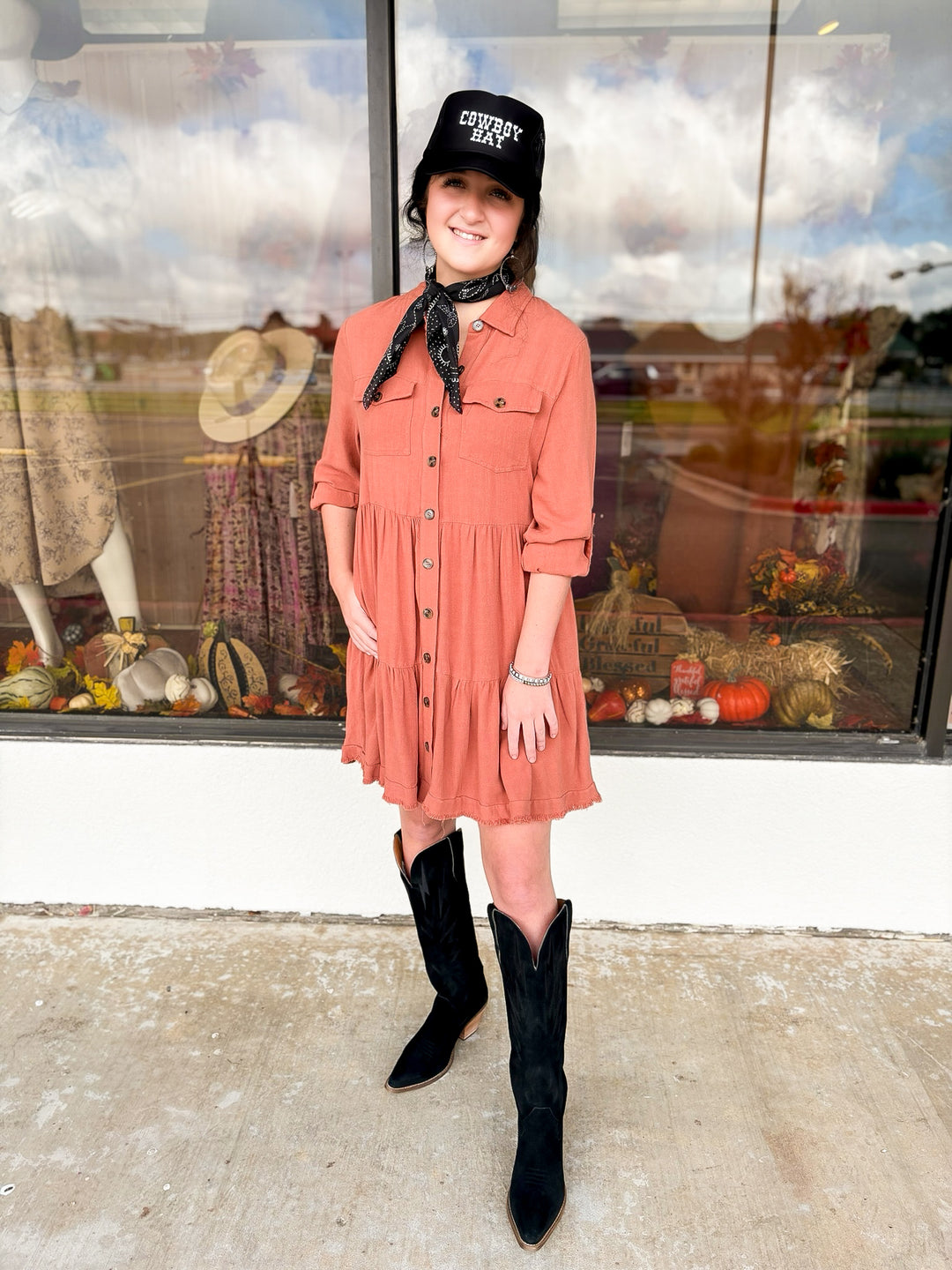 Chic Darling Ruffle Tiered Button Up Dress with Long Sleeves in Rust Orange