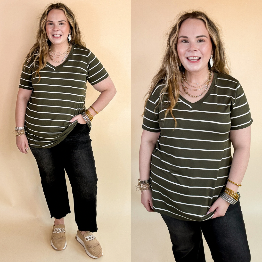 Keep Things Casual Striped V Neck Tee in Olive Green