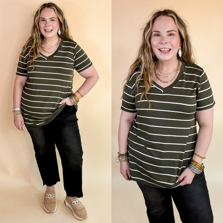Last Chance Size Small | Keep Things Casual Striped V Neck Tee in Olive Green