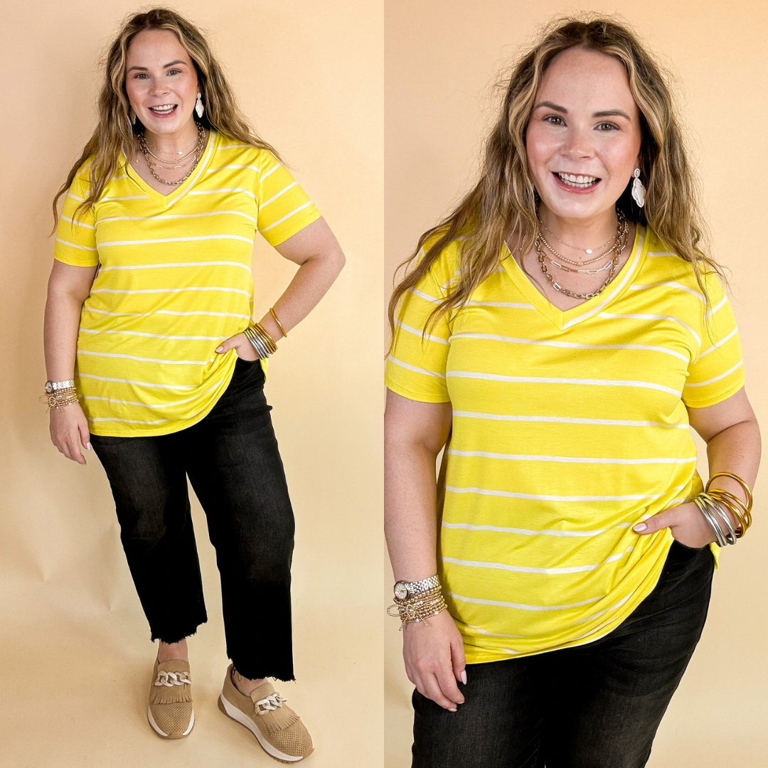 Keep Things Casual Striped V Neck Tee in Yellow