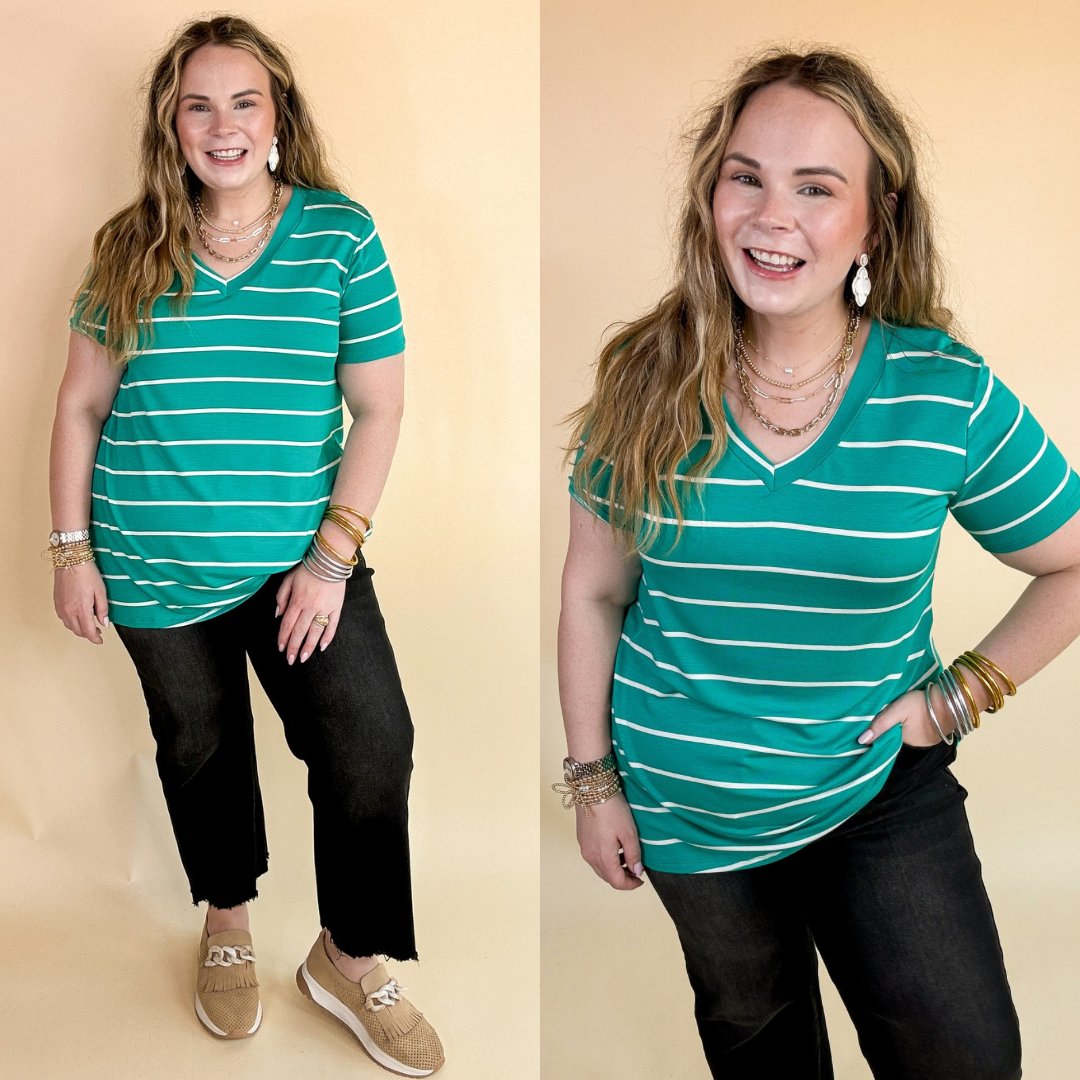 Keep Things Casual Striped V Neck Tee in Teal