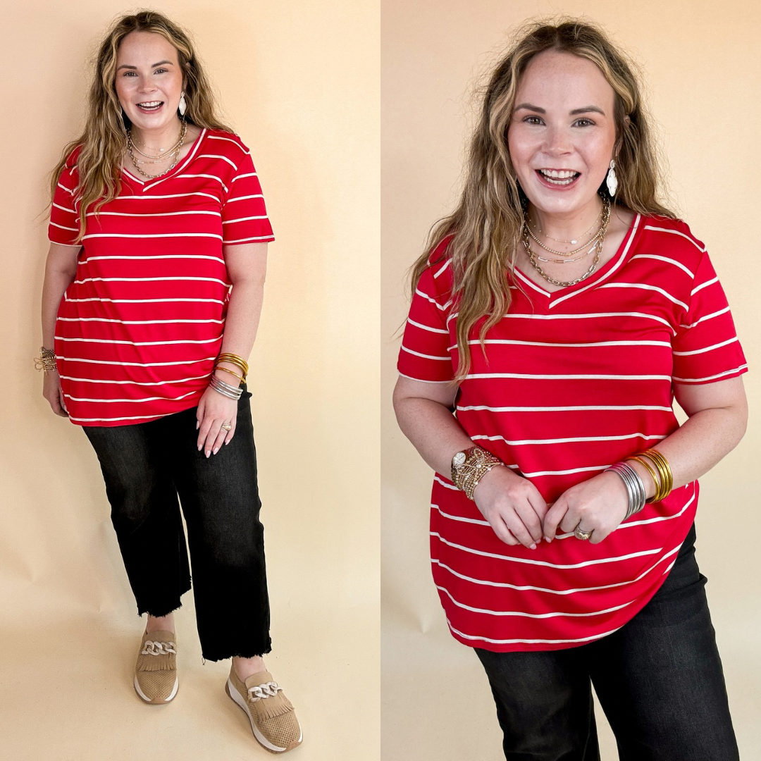 Keep Things Casual Striped V Neck Tee in Red