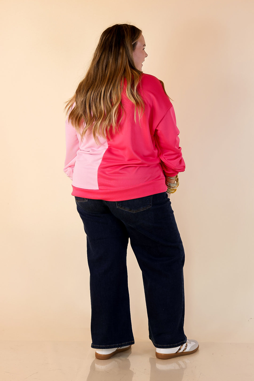 Boot Scootin’ Babe Colorblock Long Sleeve Top with Sequin Cowboy Boot Graphic in Pink