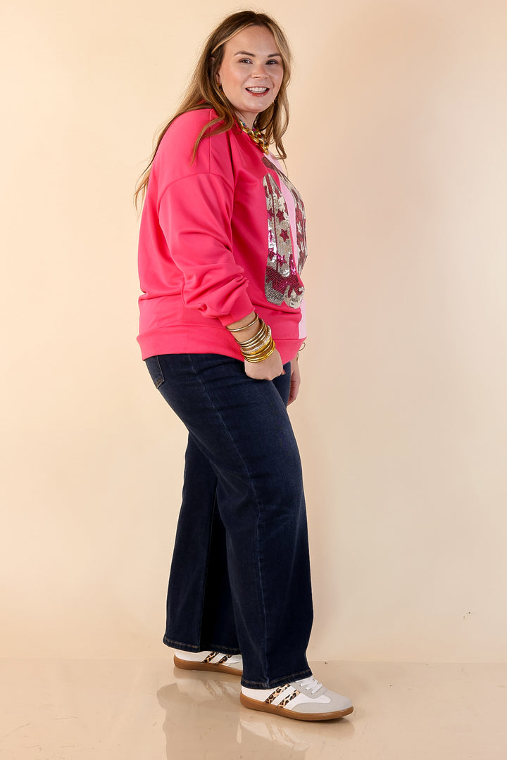 Boot Scootin’ Babe Colorblock Long Sleeve Top with Sequin Cowboy Boot Graphic in Pink