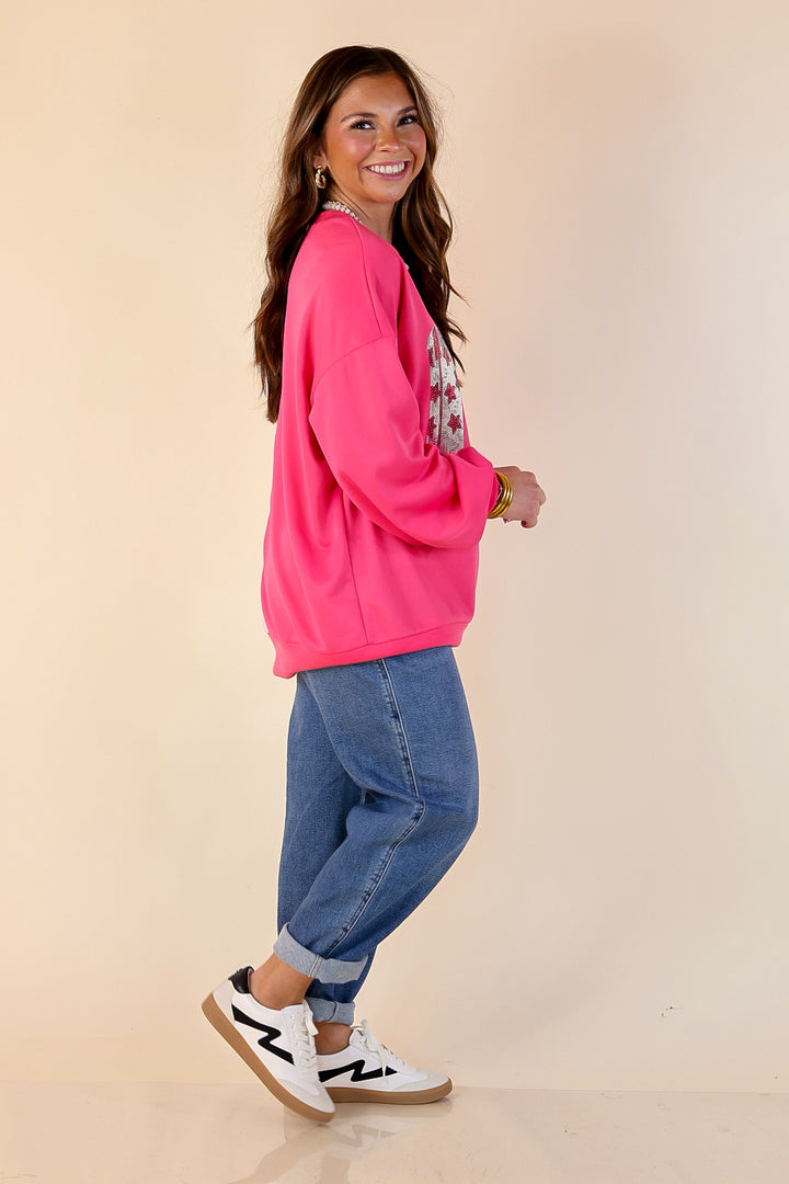 Boot Scootin’ Babe Colorblock Long Sleeve Top with Sequin Cowboy Boot Graphic in Pink