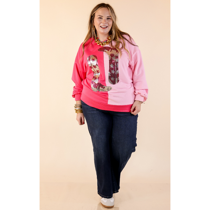Boot Scootin’ Babe Colorblock Long Sleeve Top with Sequin Cowboy Boot Graphic in Pink