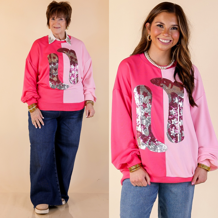 Boot Scootin’ Babe Colorblock Long Sleeve Top with Sequin Cowboy Boot Graphic in Pink
