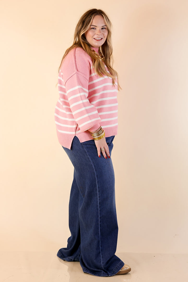 Snug and Stylish Mock Neck Striped Sweater with Side Slit in Pink with Ivory Stripes