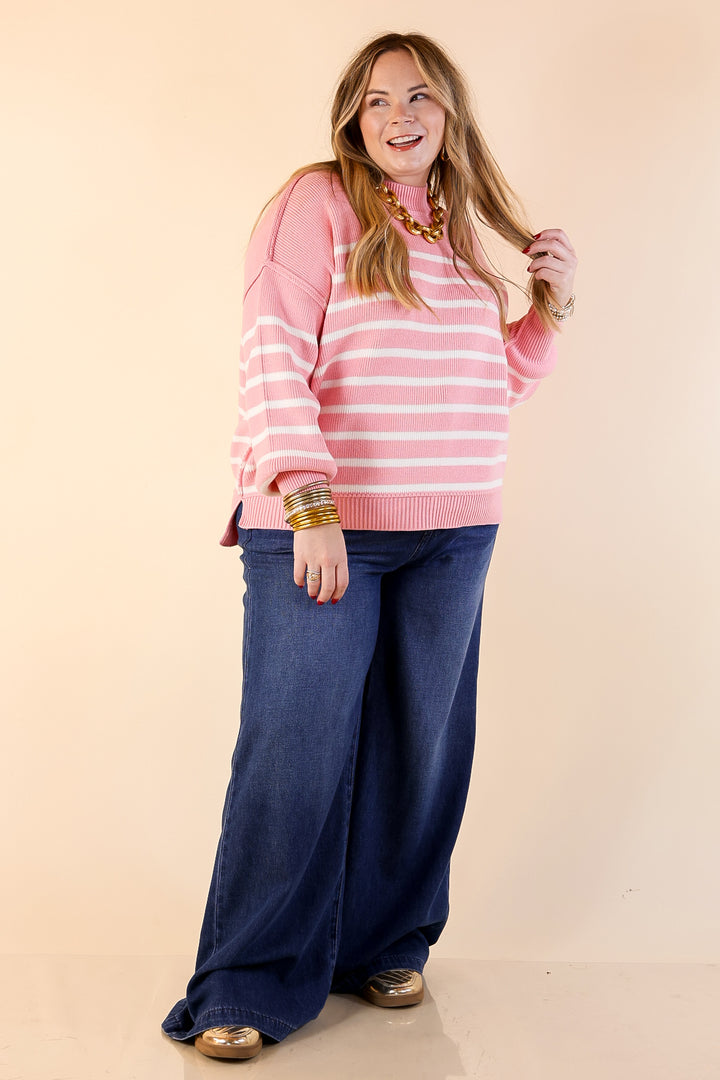 Snug and Stylish Mock Neck Striped Sweater with Side Slit in Pink with Ivory Stripes