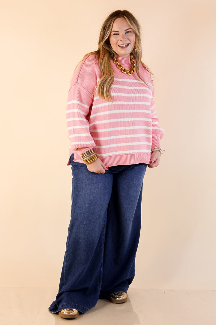 Snug and Stylish Mock Neck Striped Sweater with Side Slit in Pink with Ivory Stripes