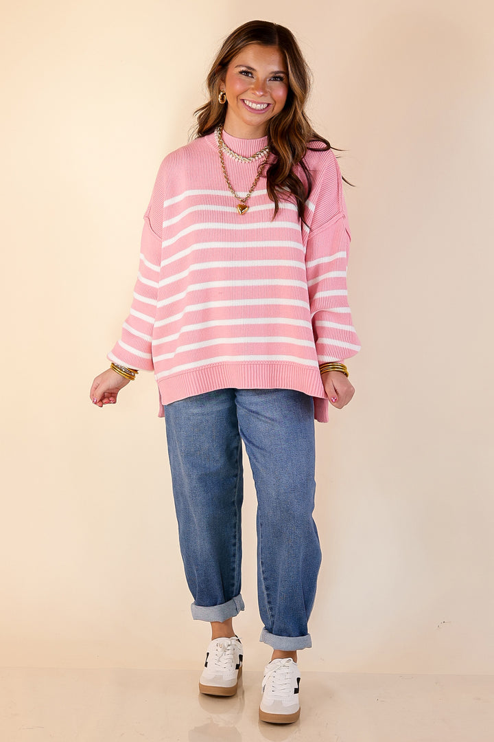 Snug and Stylish Mock Neck Striped Sweater with Side Slit in Pink with Ivory Stripes
