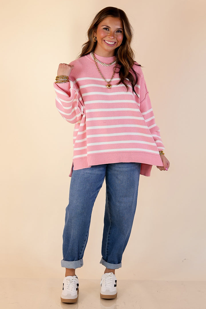 Snug and Stylish Mock Neck Striped Sweater with Side Slit in Pink with Ivory Stripes