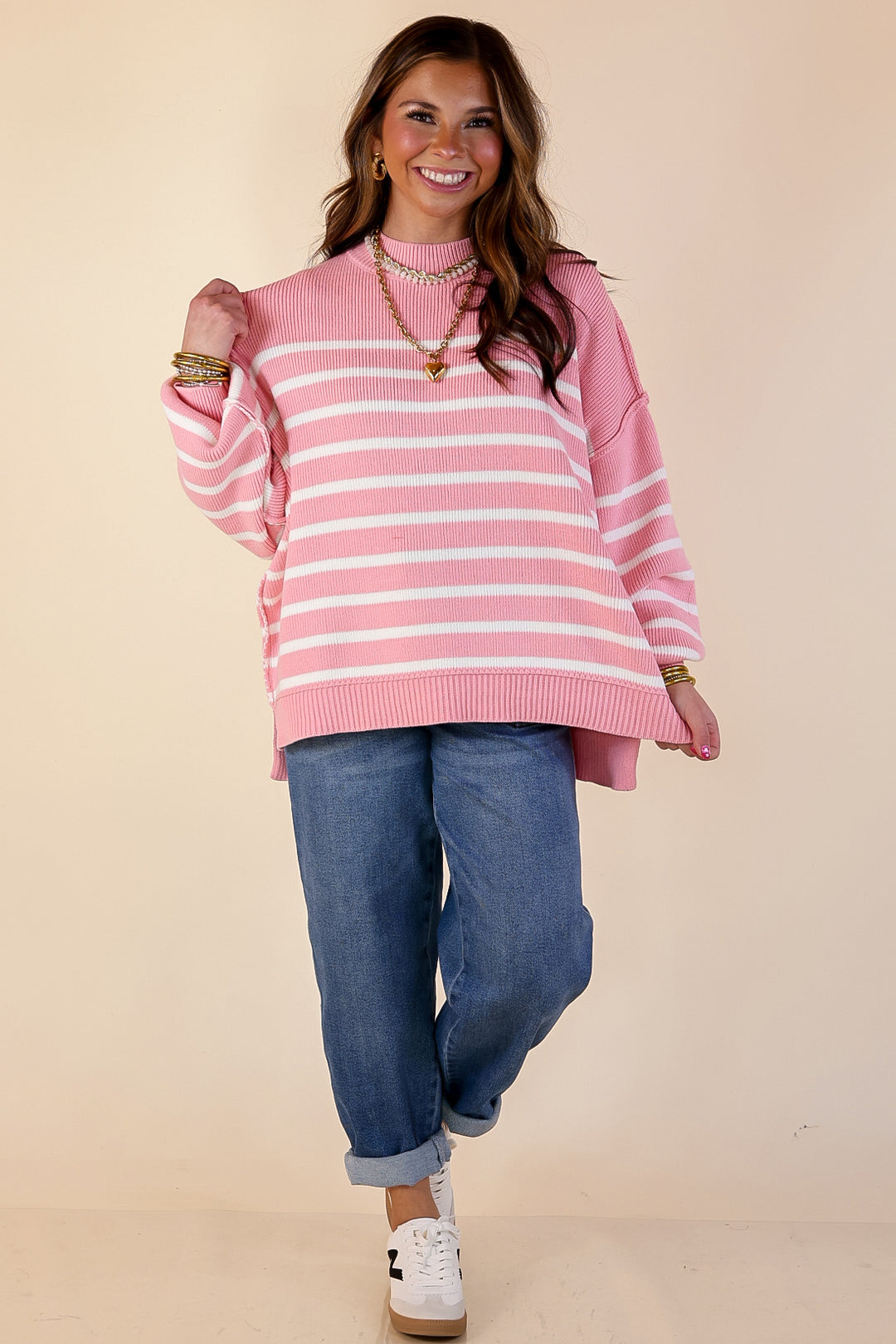 Snug and Stylish Mock Neck Striped Sweater with Side Slit in Pink with Ivory Stripes