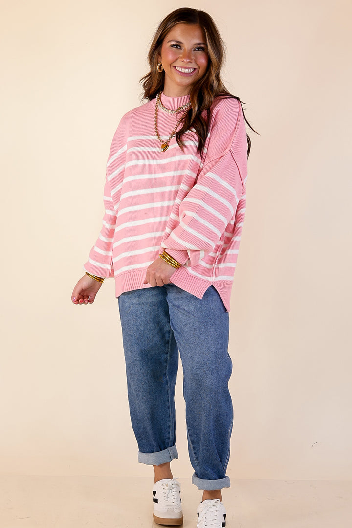 Snug and Stylish Mock Neck Striped Sweater with Side Slit in Pink with Ivory Stripes