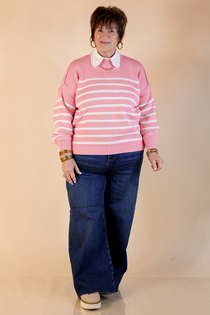 Snug and Stylish Mock Neck Striped Sweater with Side Slit in Pink with Ivory Stripes