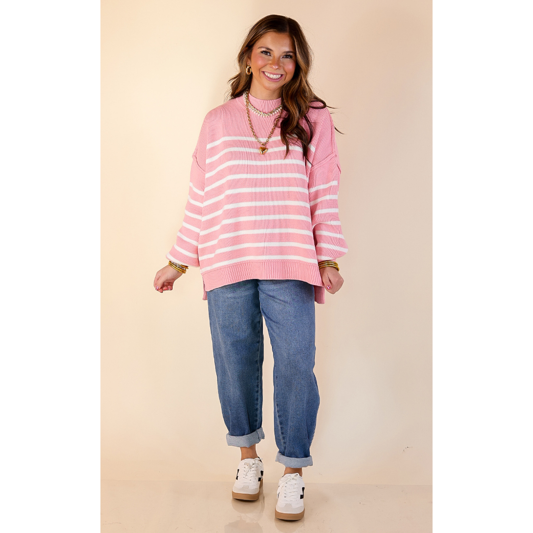 Snug and Stylish Mock Neck Striped Sweater with Side Slit in Pink with Ivory Stripes