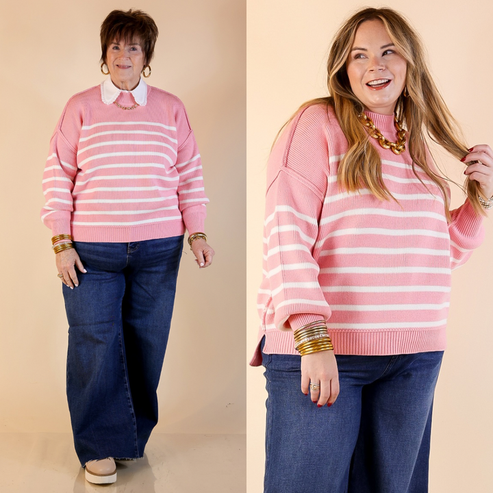 Snug and Stylish Mock Neck Striped Sweater with Side Slit in Pink with Ivory Stripes