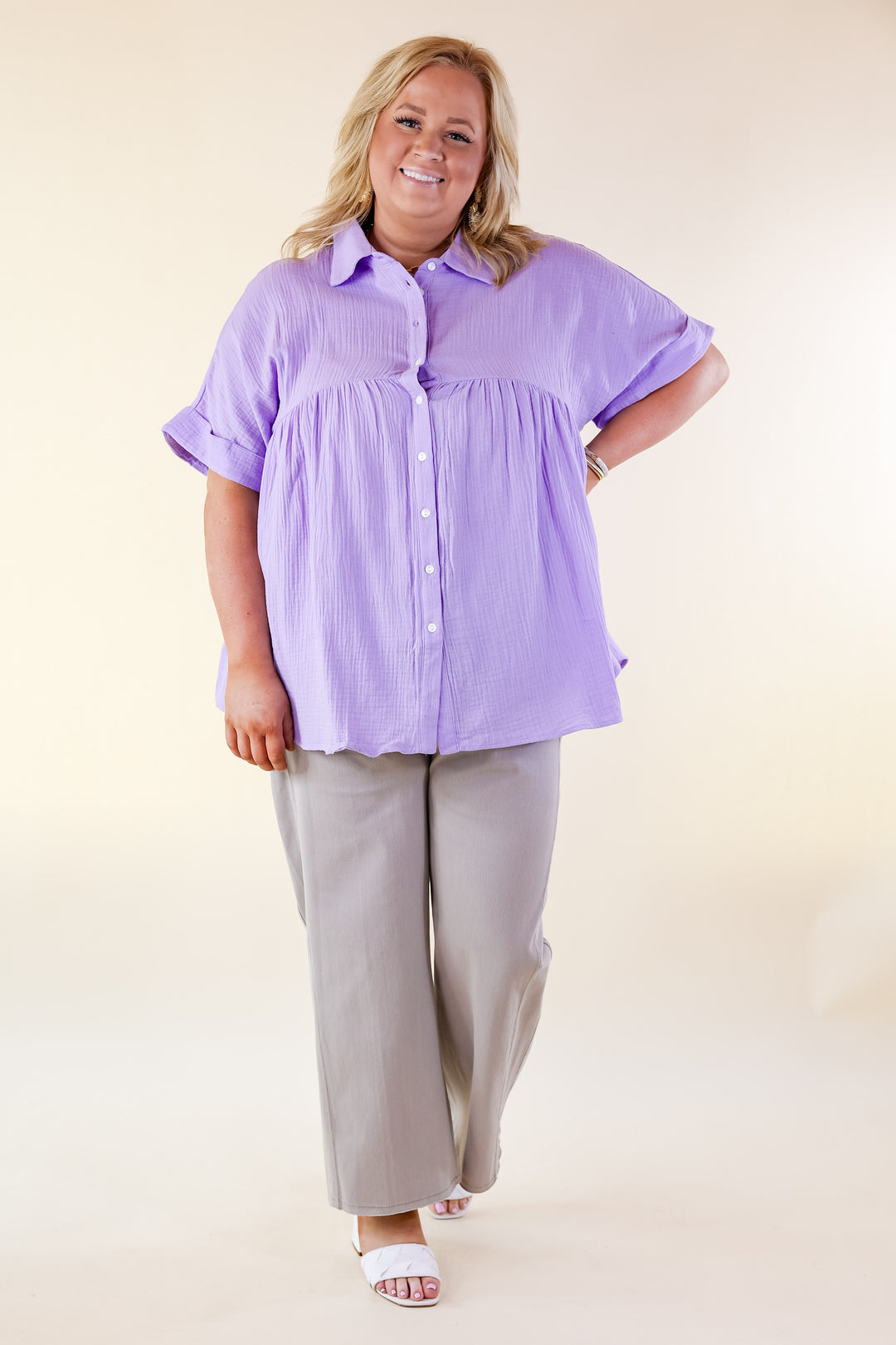 Vacation Vibes Collared Button Up Babydoll Top in Lavender Purple - Giddy Up Glamour Boutique