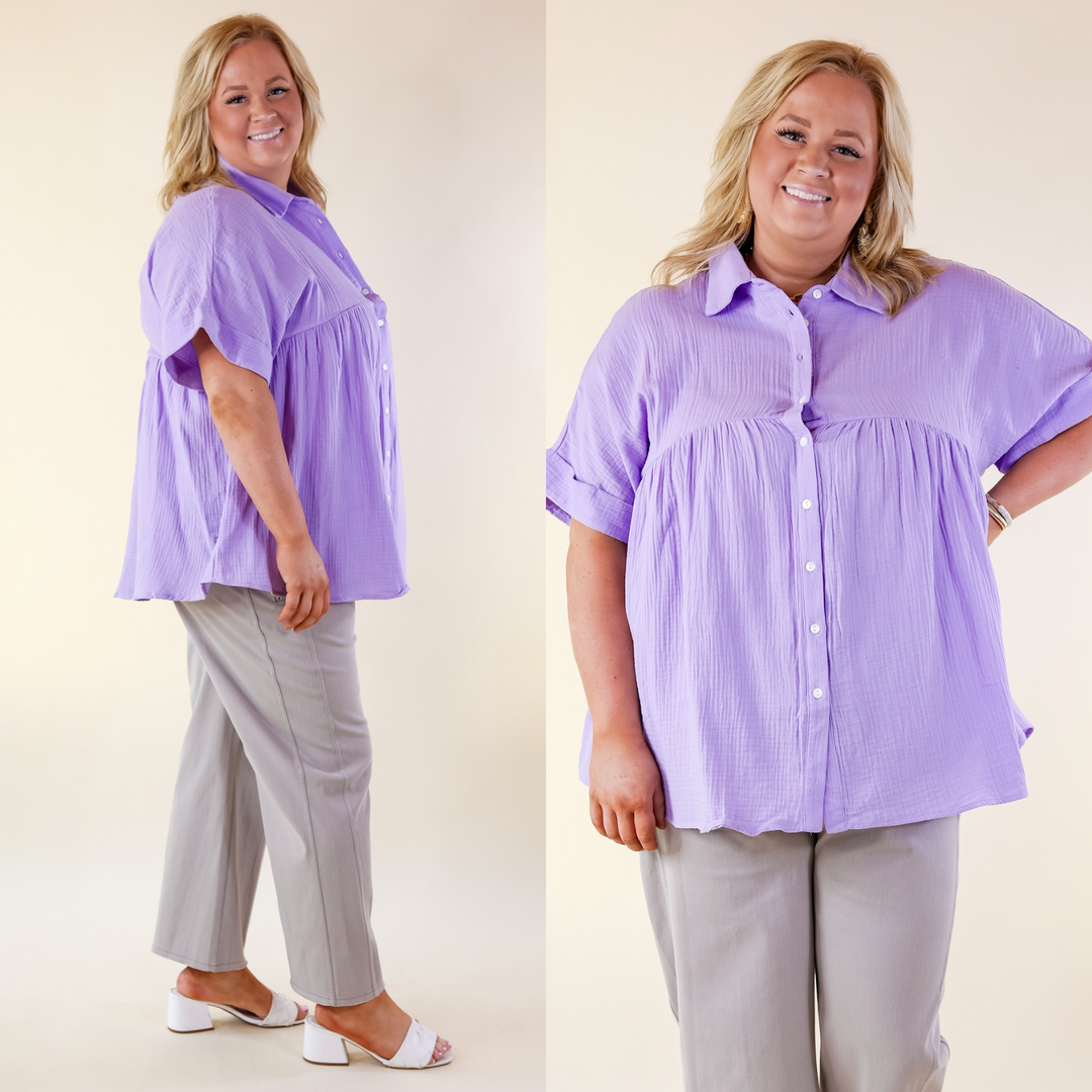 Vacation Vibes Collared Button Up Babydoll Top in Lavender Purple - Giddy Up Glamour Boutique